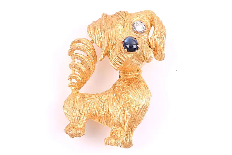 Goldbrosche Hund mit Brillant und Saphir