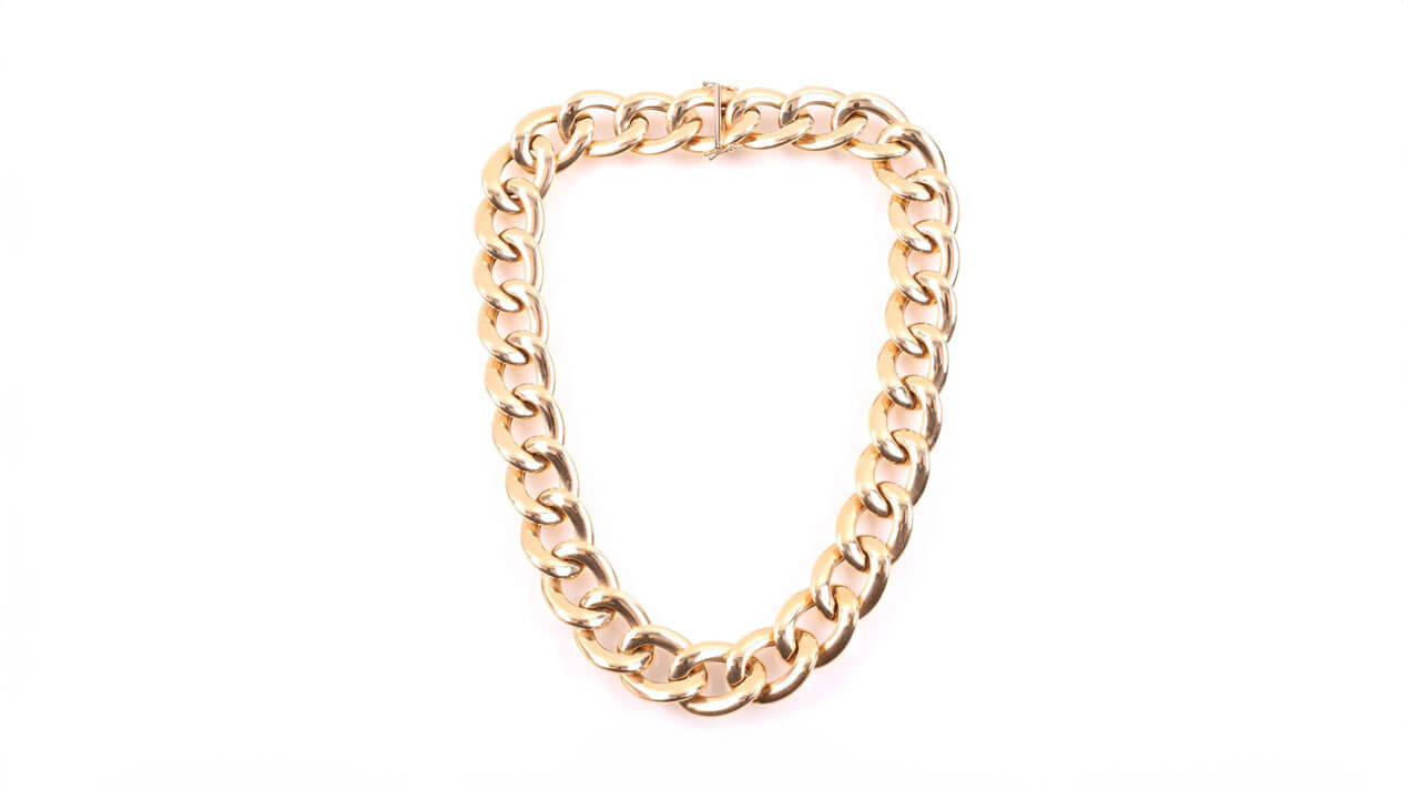 Für den warme bzw. neutrale Hautuntertöne geeignet: Massive Gliederhalskette im Panzermuster aus Gelbgold