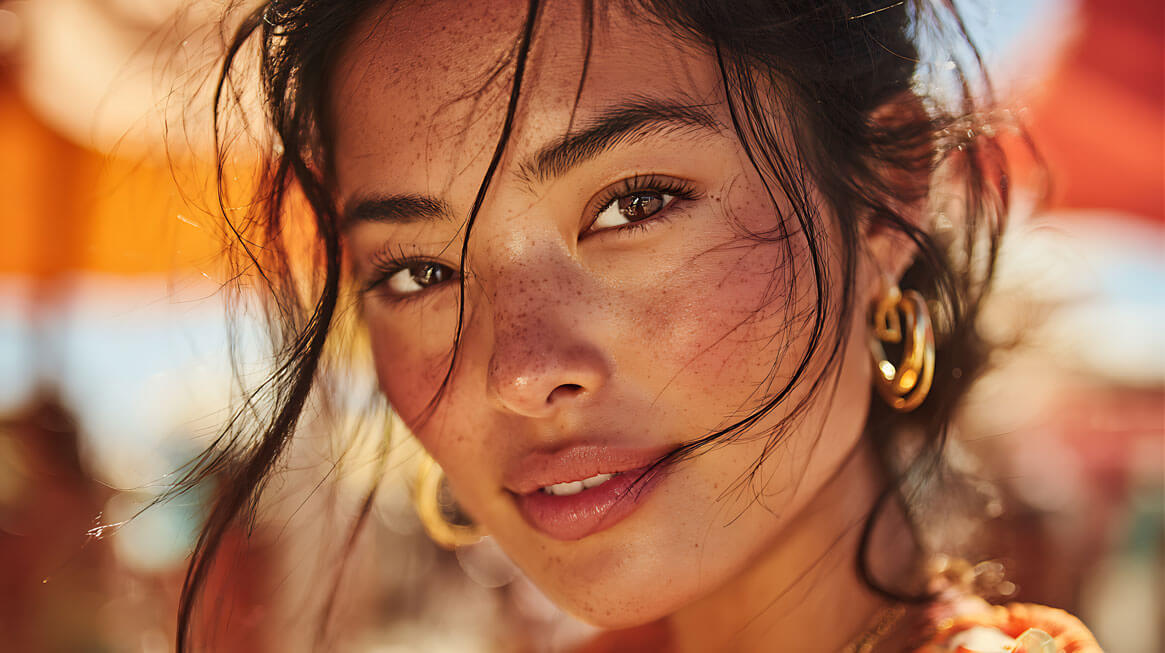 Warmer Hautunterton: junge Frau mit goldenen Creolen am Strand