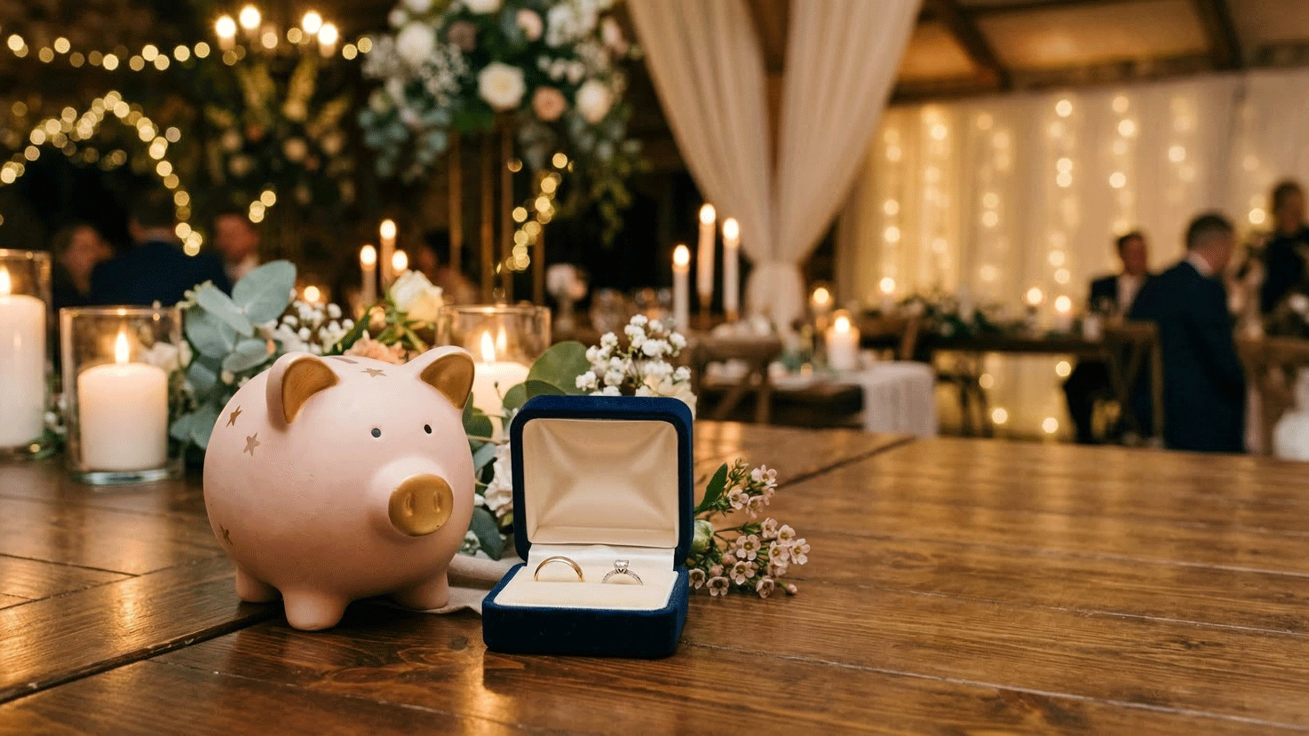 Sparschwein und Eheringe auf dekorierter Hochzeitstafel platziert