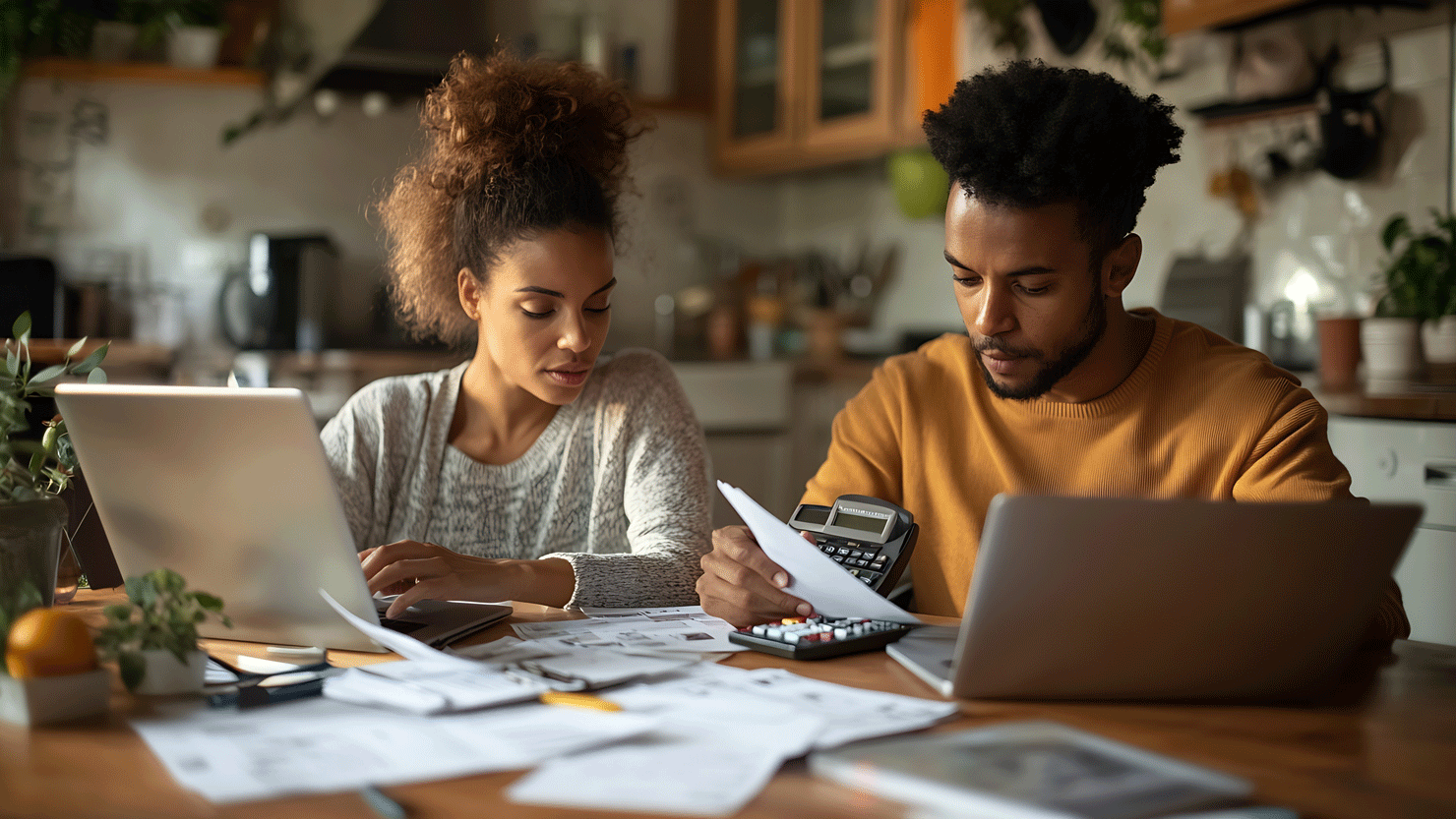 Paar sitzt mit Laptops und Unterlagen am Tisch