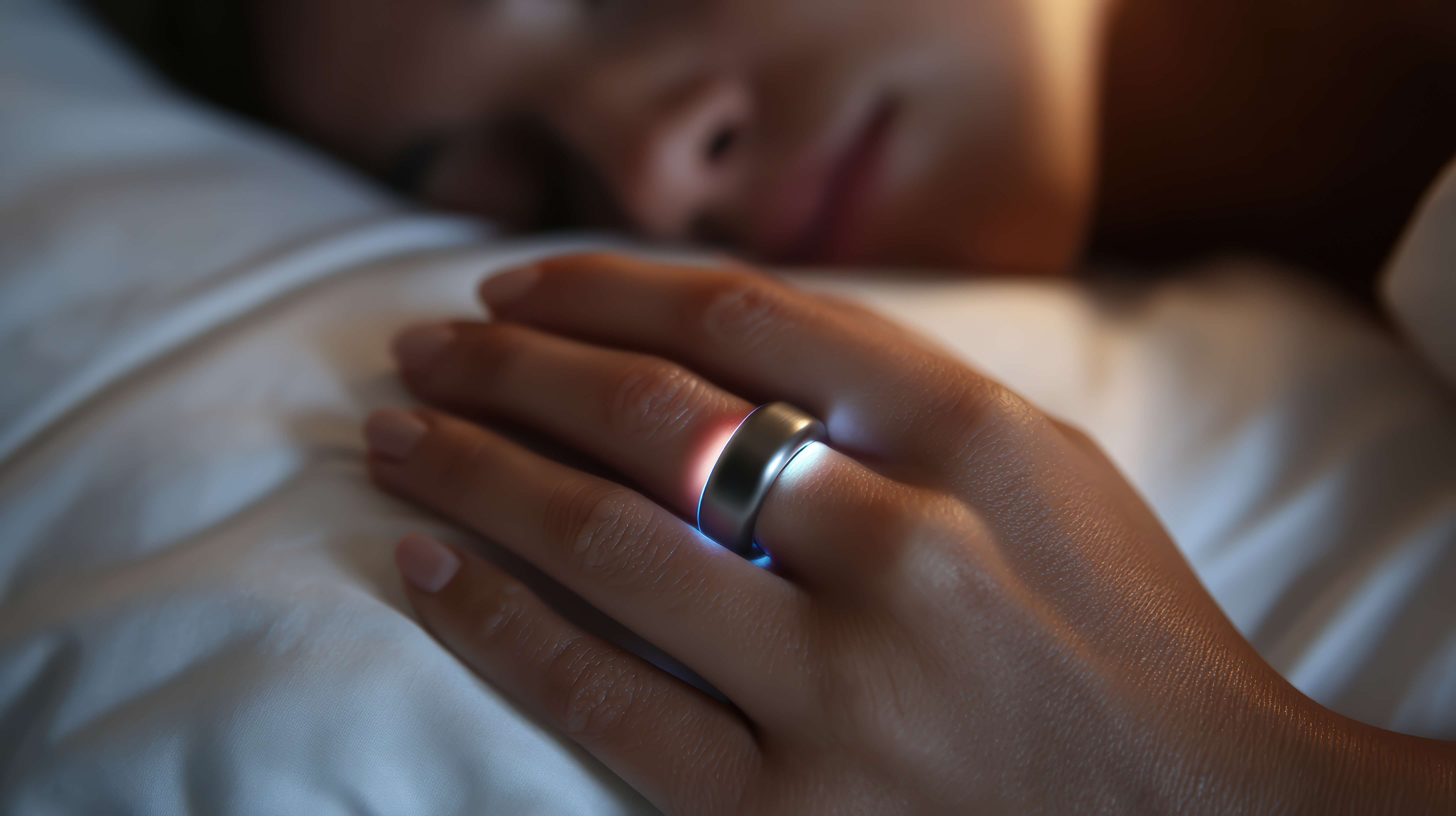 Schlafende Person im Bett mit leuchtender Smart-Ring Technologie am Finger