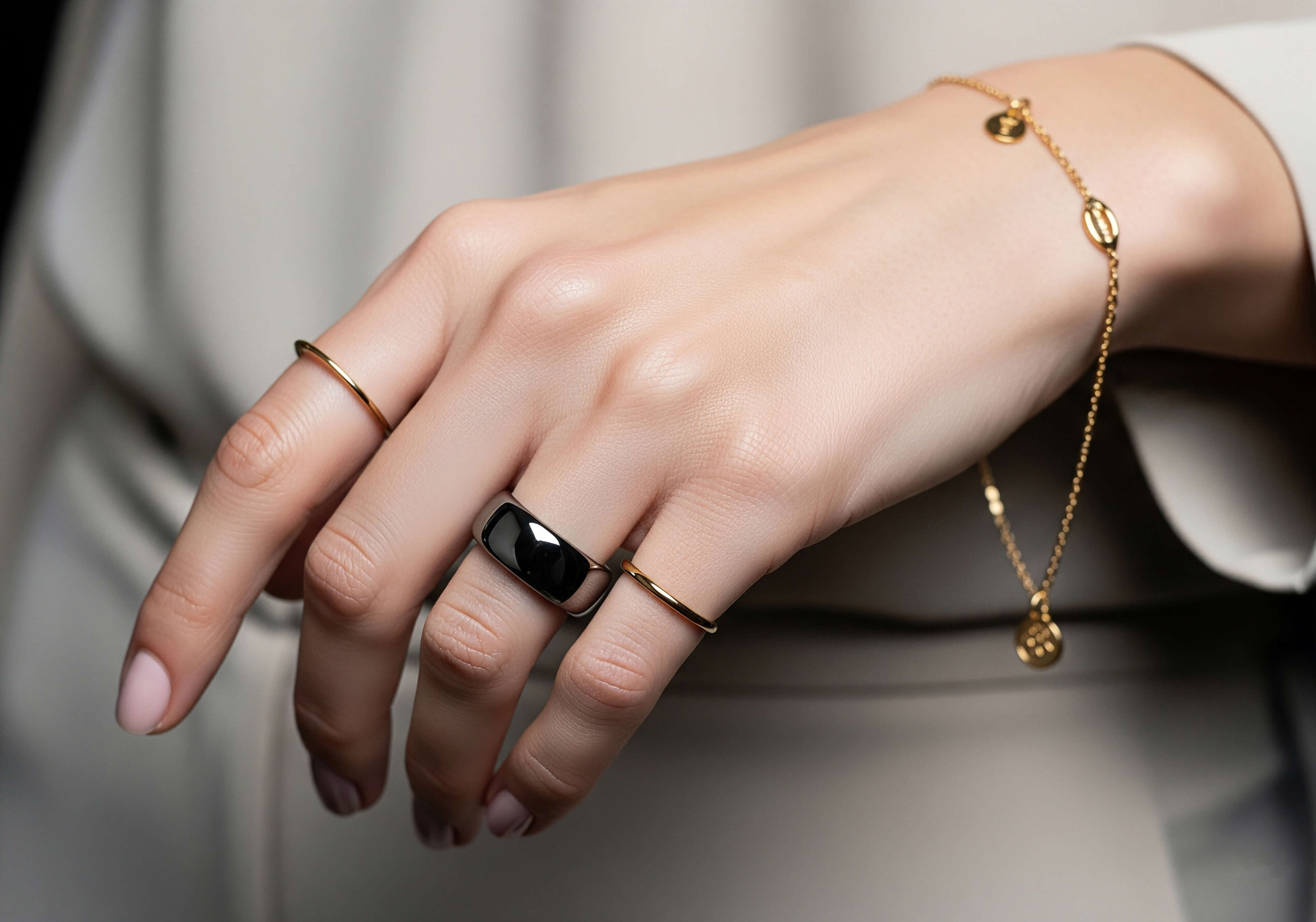 Smart-Ringe und Schmuck ergeben eine harmonische Einheit.. Nahaufnahme Hand mit Schmuck und Smart Ring