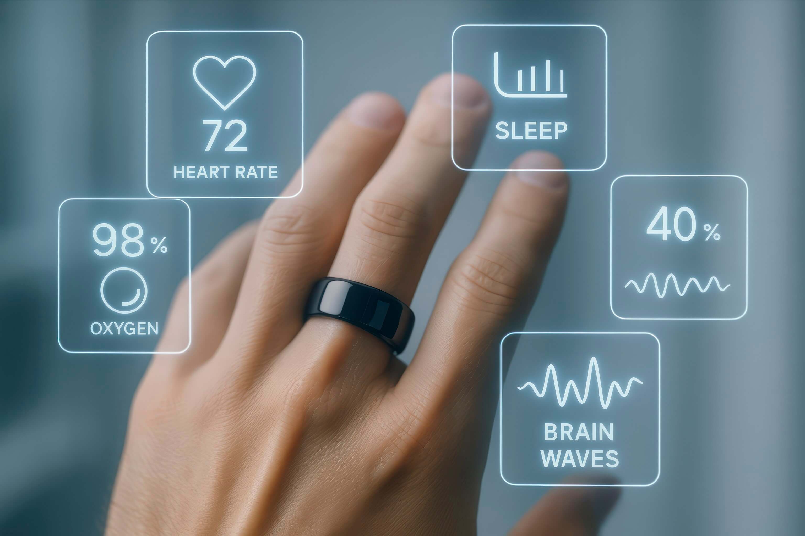 Was Smart-Ringe können: Hand mit Smart Ring und virtuellen Anzeigen von Vitaldaten