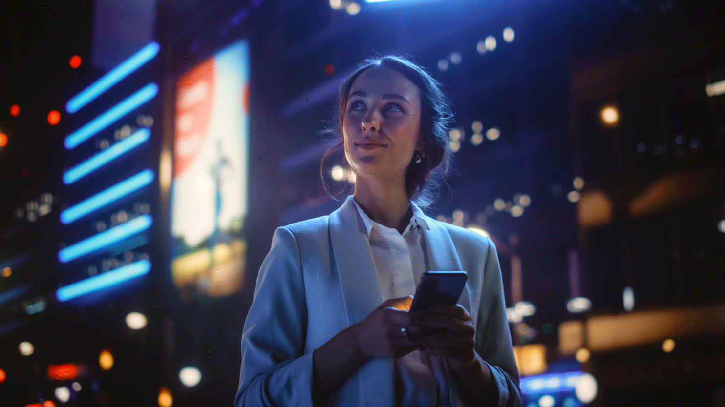 Junge Frau mit Smartphone in den Händen in der Stadt bei Nacht