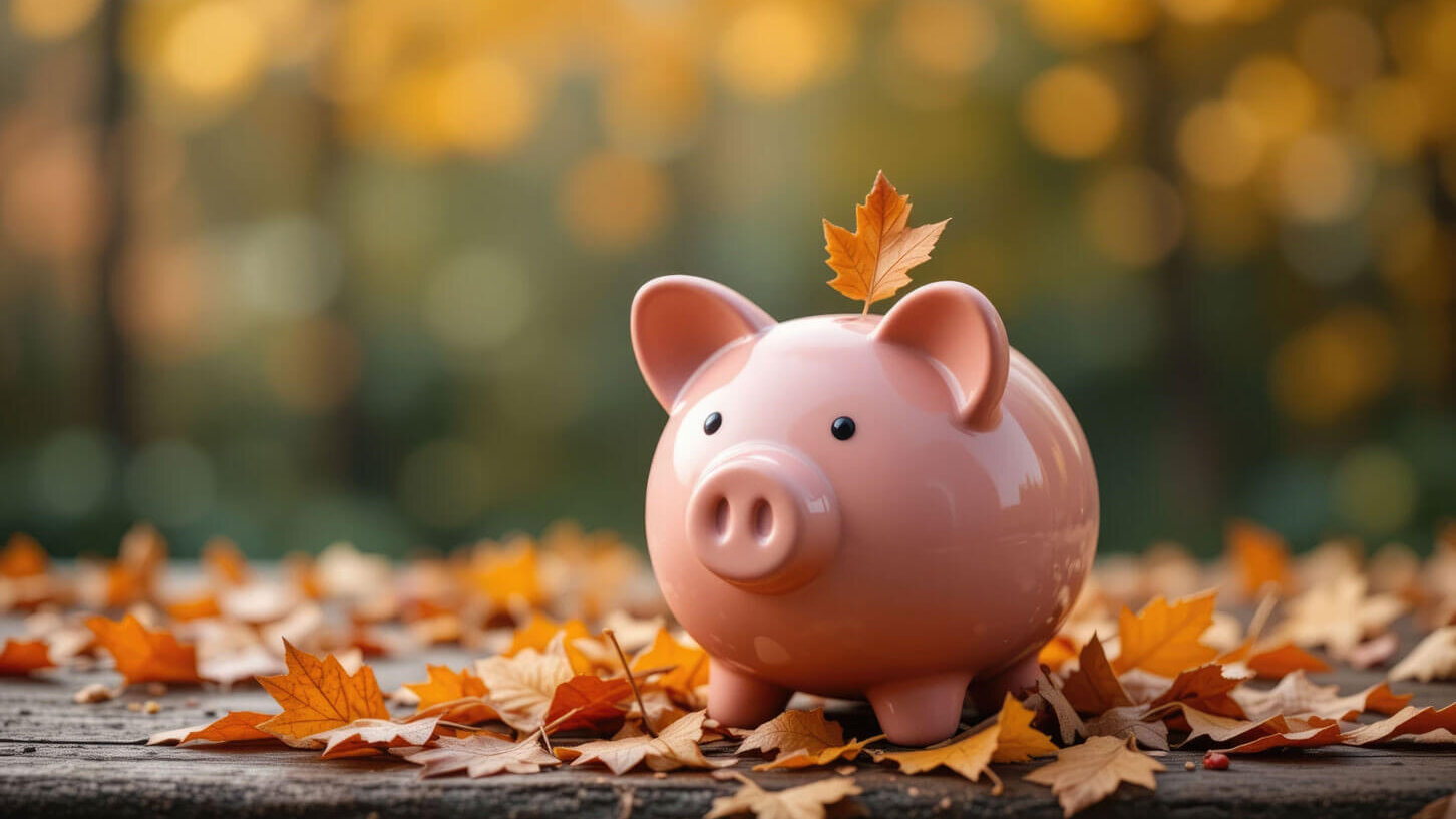 Sparschwein in herbstlicher Umgebung, mit buntem Herbstlaub