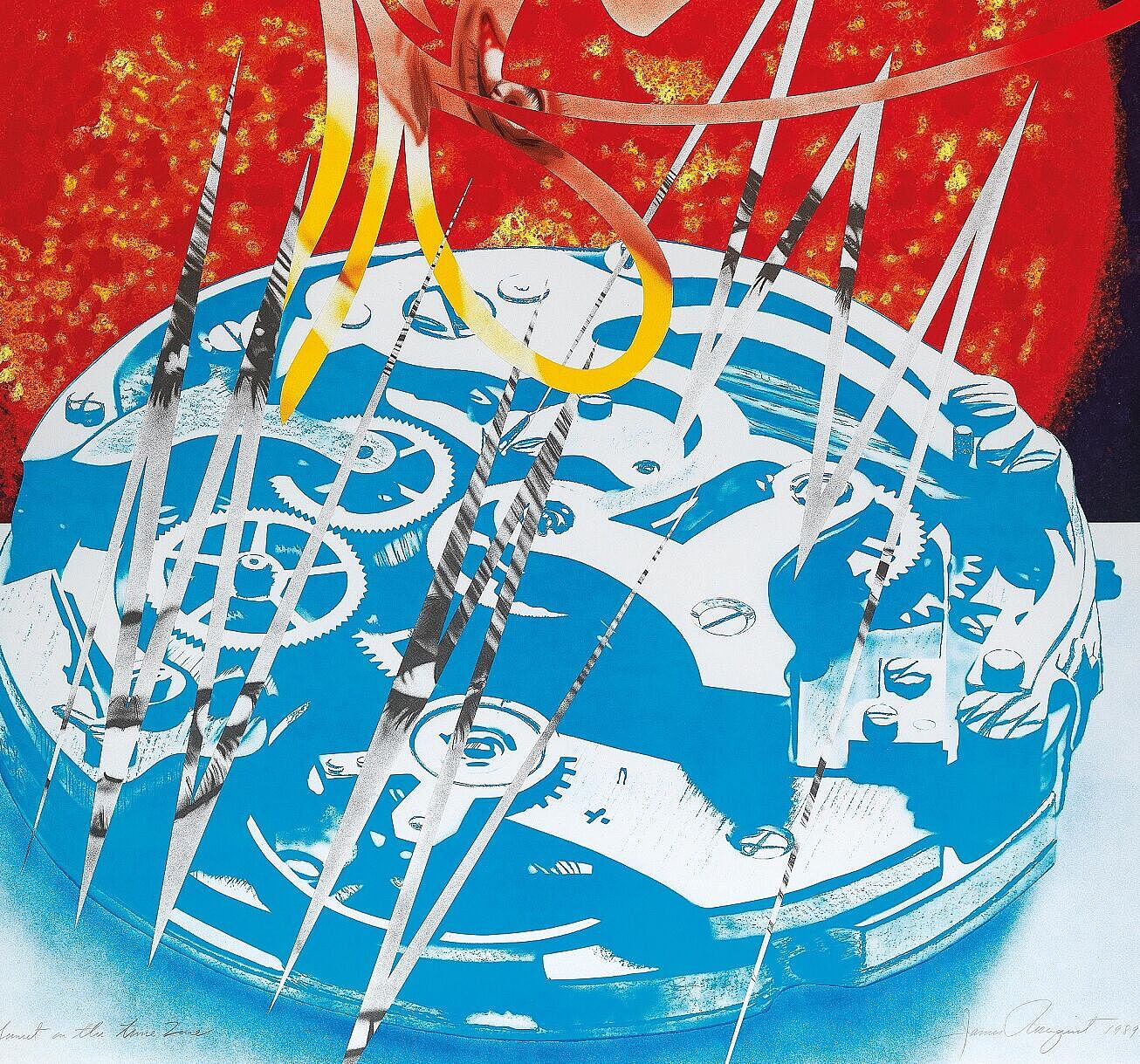 Colour lithograph and collage on paper by James Rosenquist: "Sunset in the Time Zone"