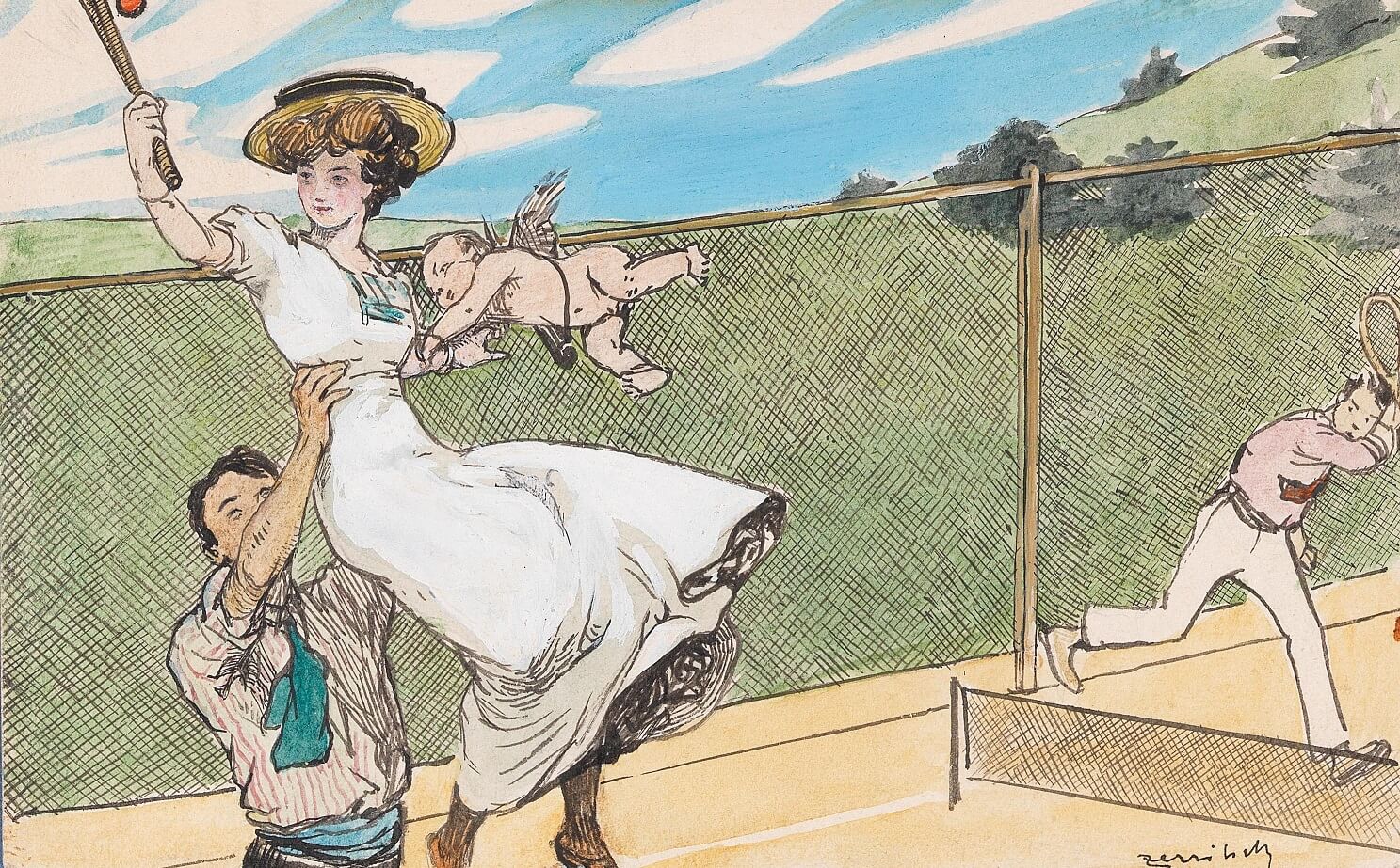 Fritz Zerritsch, Wien (1888-1985) Verliebte Sportler und Sportlerinnen: beim Rollschuhfahren, Tennis, ...