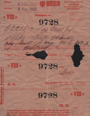 Dorotheum Pfandschein 1932 Historischer Pfandschein aus dem Dorotheum